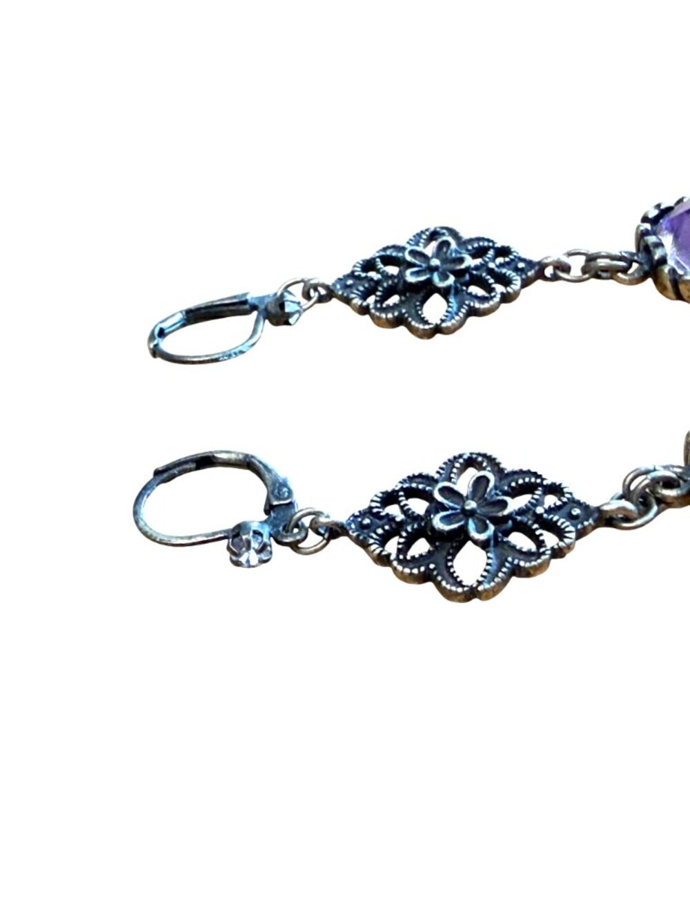 Vintage Dangle Heart Earrings Purple Crystal Floral Filigree Design Bronze Tone - Picture 4 of 5